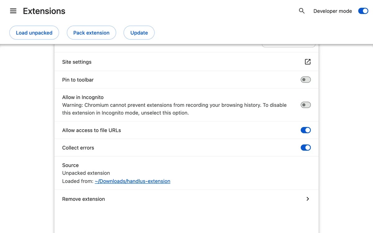 Handlus details in chrome://extensions, with the extension folder next to Loaded from