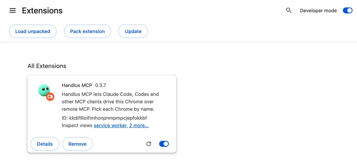 The Handlus card in chrome://extensions with the reload button