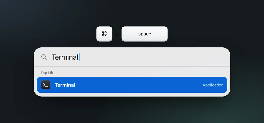 Spotlight search with Terminal typed and selected
