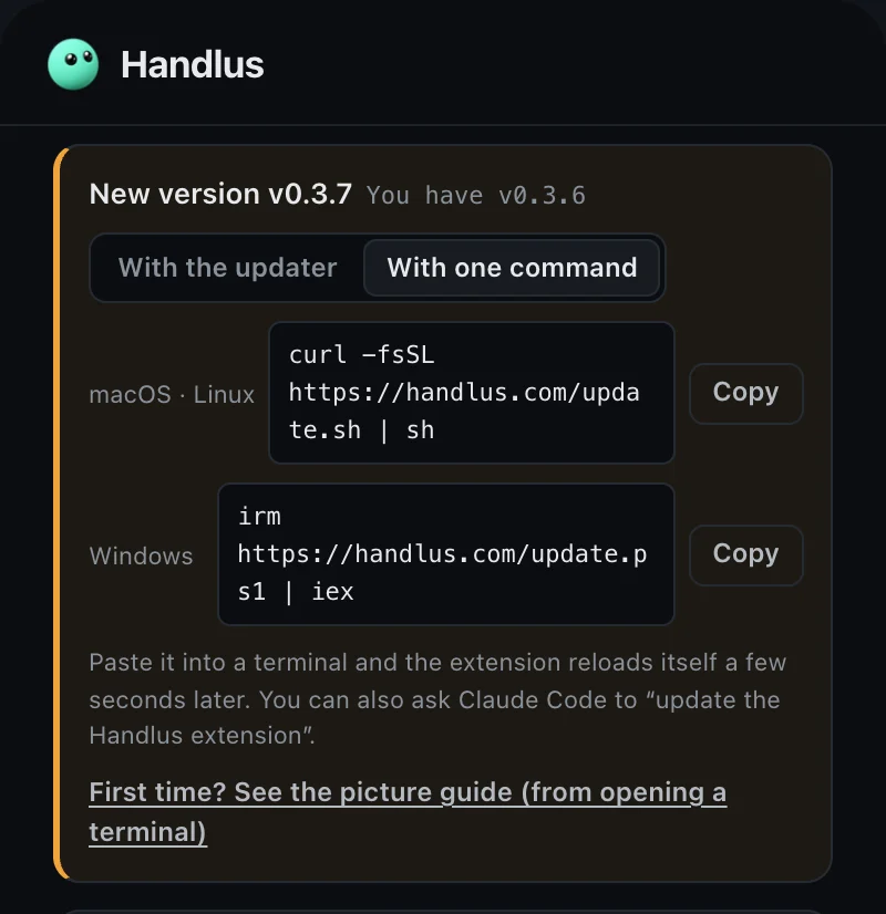Handlus popup with the update notice on the “With one command” tab