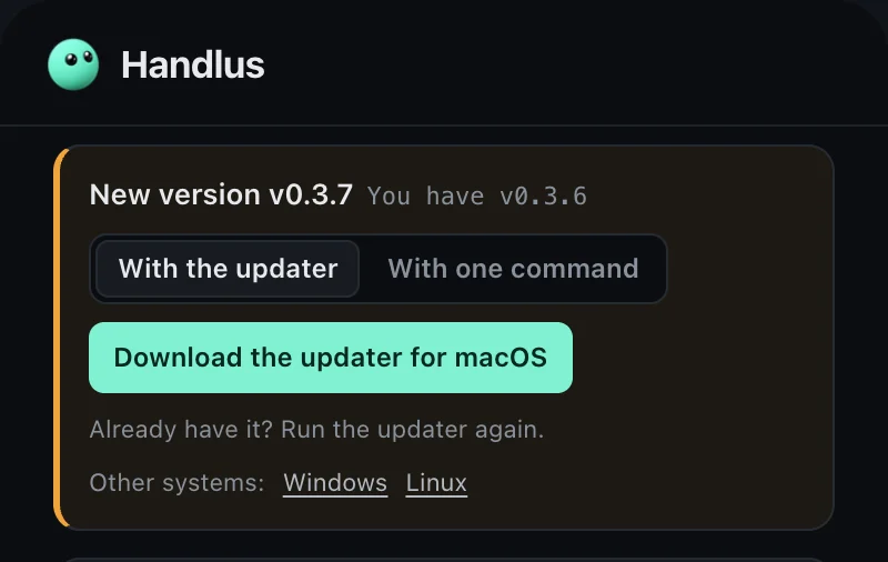 Handlus popup update notice on the “With the updater” tab, with the download button