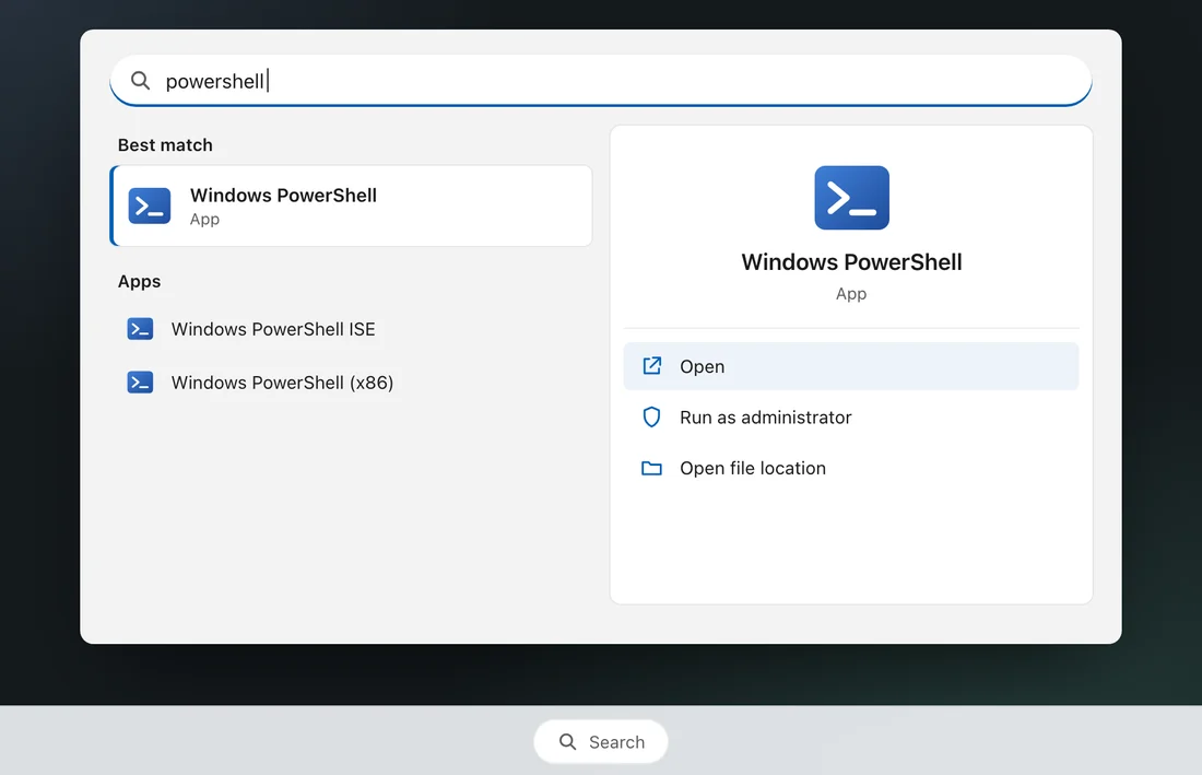 Windows search with powershell typed and Windows PowerShell as the best match