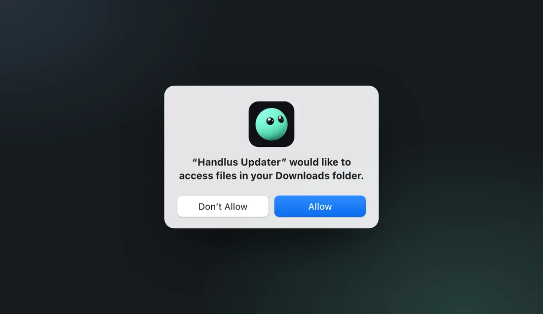 Mac window asking to let Handlus Updater access files in the Downloads folder, with the Allow button