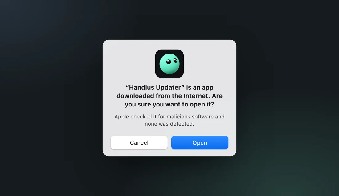 Mac window asking whether to open Handlus Updater, an app downloaded from the Internet, with the Open button