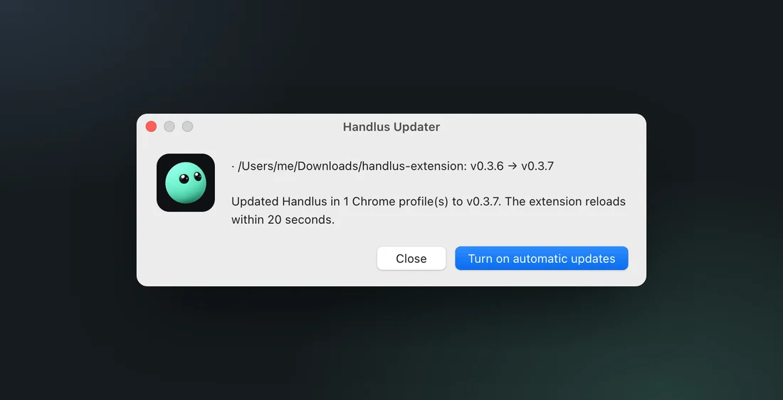 Handlus Updater result window with the updated folder and the Turn on automatic updates button