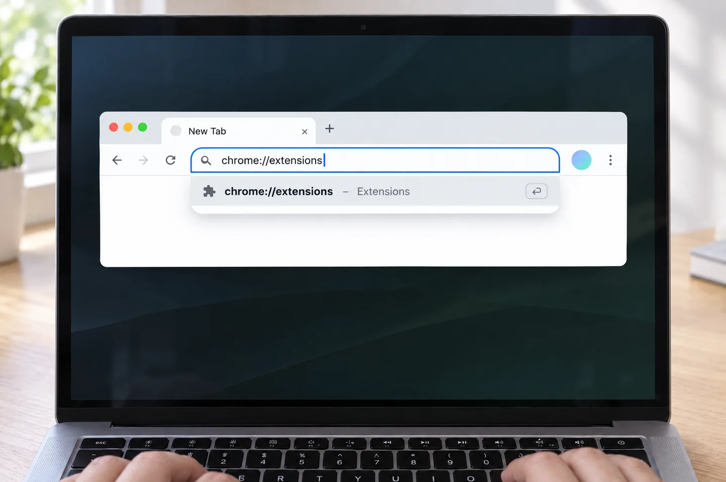 On a MacBook screen, chrome://extensions typed into a new tab's address bar, with the Extensions suggestion below