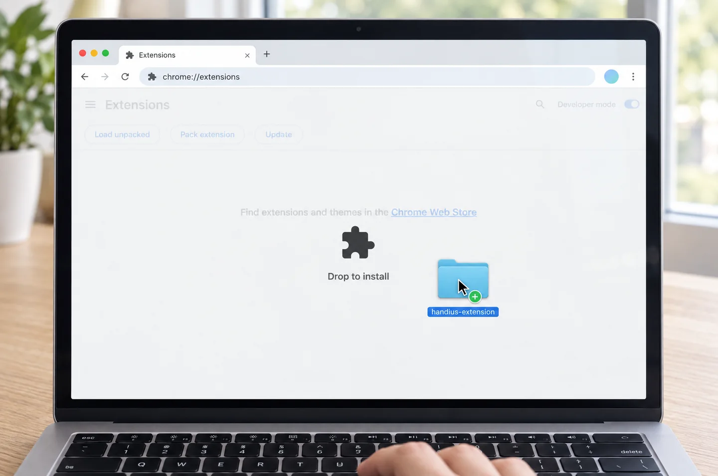 On a MacBook screen, dragging the handlus-extension folder onto the Extensions page with Developer mode on shows Drop to install