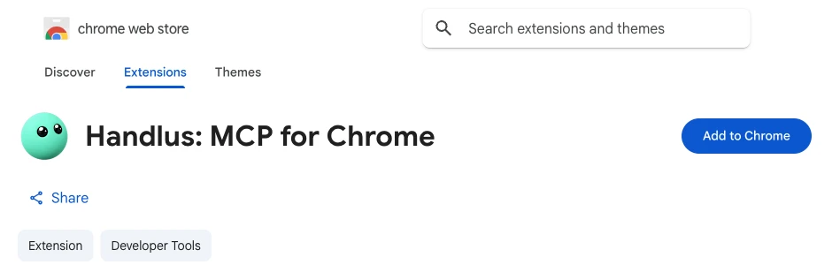The Handlus page on the Chrome Web Store, with the Add to Chrome button to the right of the title