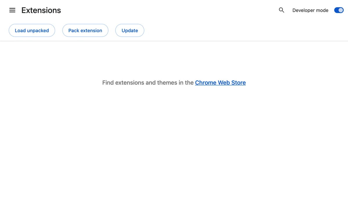 The Load unpacked button, which appears in the top left once Developer mode is on
