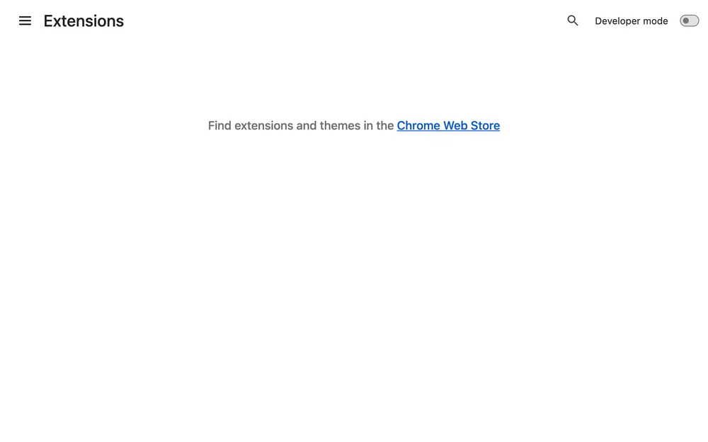 The chrome://extensions page, with the Developer mode switch in the top right