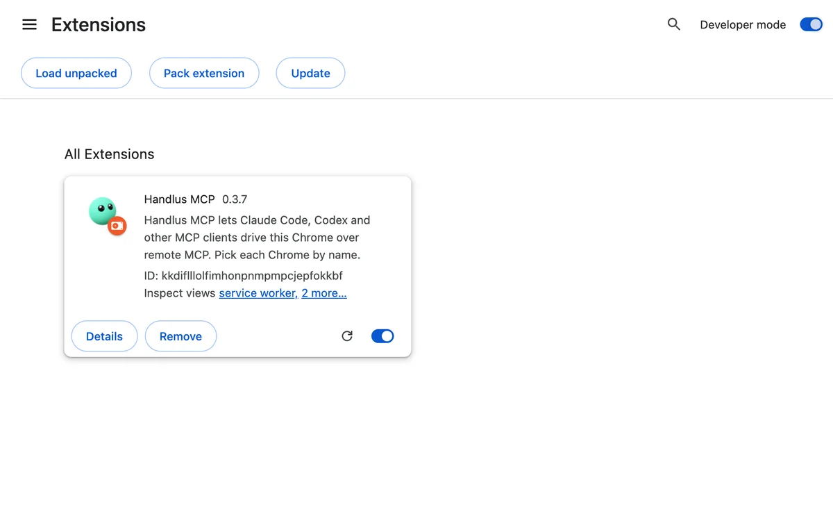 The Handlus card in the extensions list